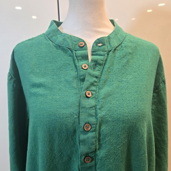 Cotton Textured 1/2 Button Down Midi Slit Tunic Dress Green Womens Size Large - Picture 3 of 9